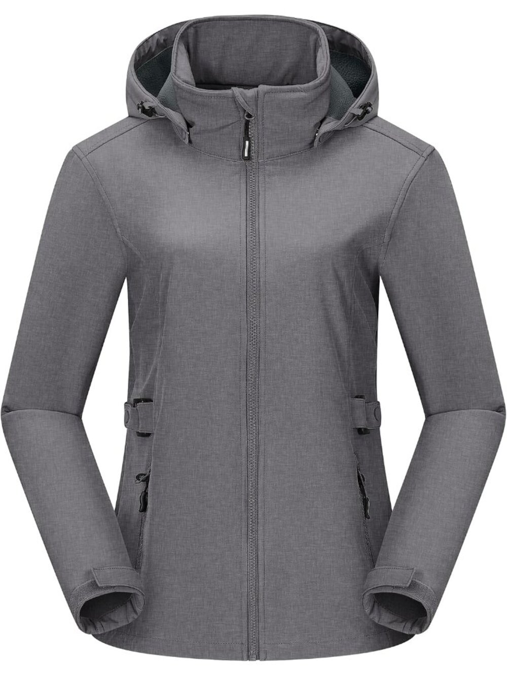 Womens Grey Fleece Lined Removable Hood Full Zip Waterproof Softshell Rain Coat